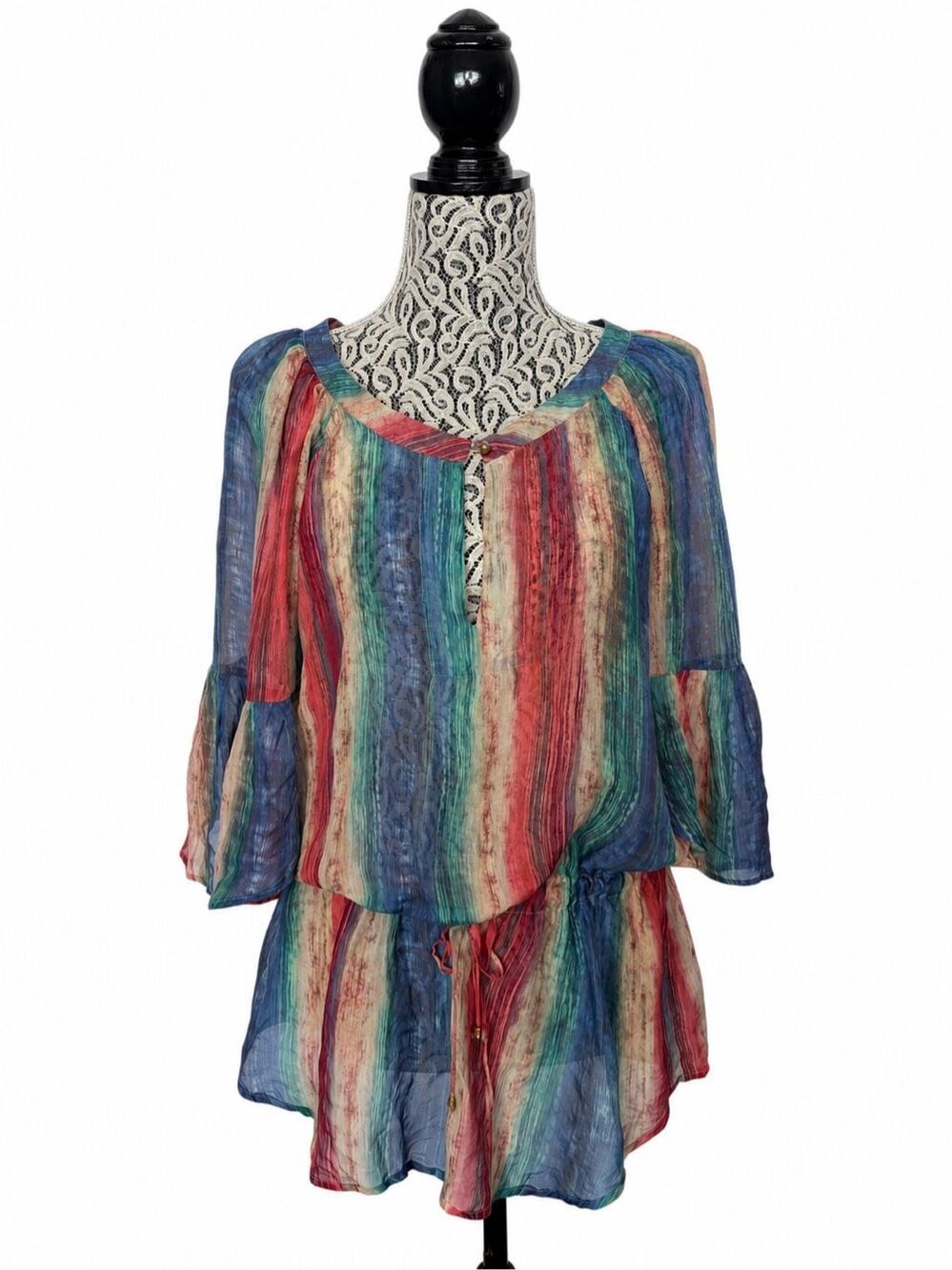Vix Paula Hermanny 100% Silk Striped Cover-Up Tunic Bell Sleeve Size S - Picture 4 of 12